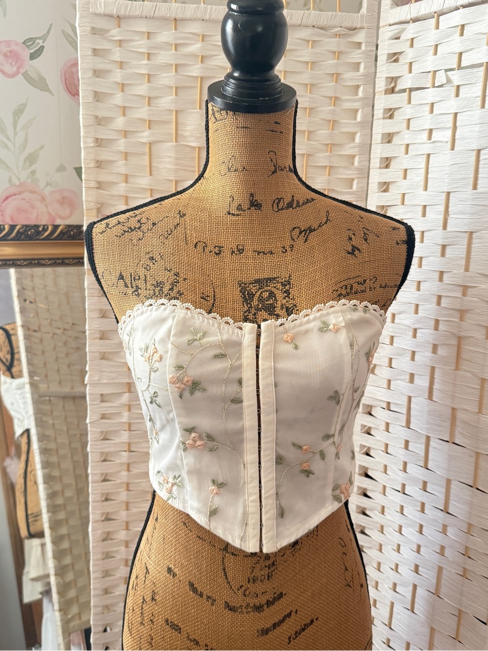 Strapless Floral Embroidered Bustier Top - White with Pink Detail